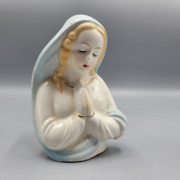 Vintage Ceramic Praying Virgin Mary Figurine Vase Blue White Religious Decor 4.5 - Picture 2 of 15